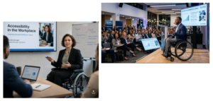 Examples of AI-generated images depicting disabled individuals in leadership and presentation settings. In both images, wheelchair users are shown giving presentations focused on accessibility, workplace inclusion, or accessibility technology. The examples illustrate a tendency for AI models to associate disabled professionals with disability-related topics rather than broader professional roles.